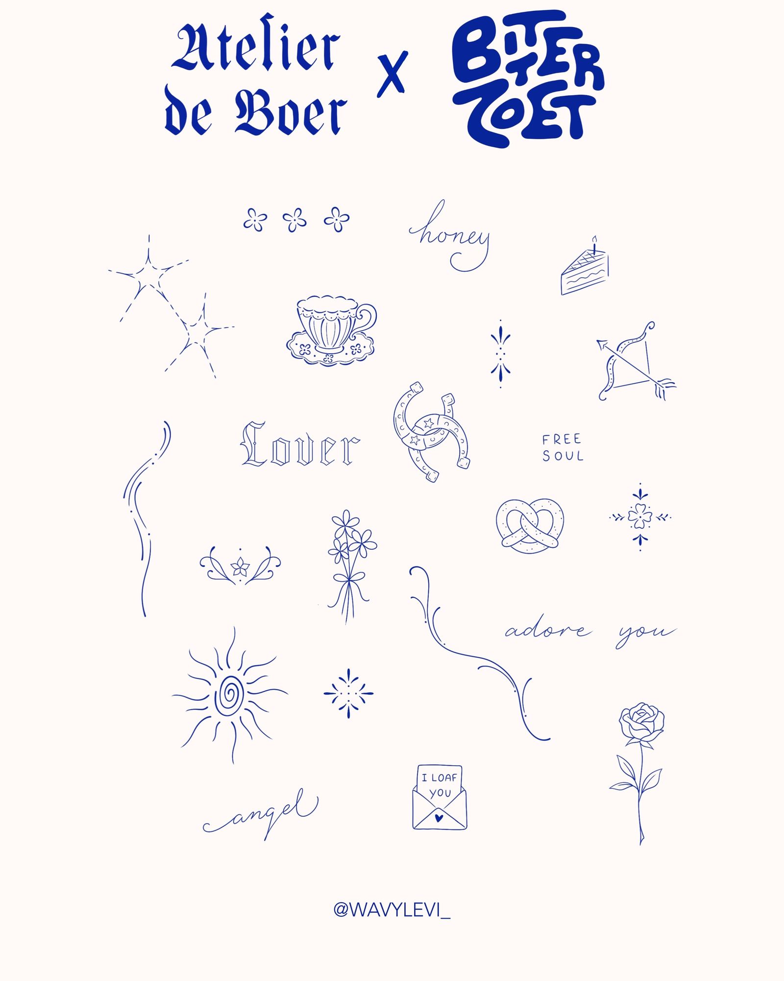 Flash sheet by Levi in blue ink with stars, a teacup, a horseshoe and the word Lover